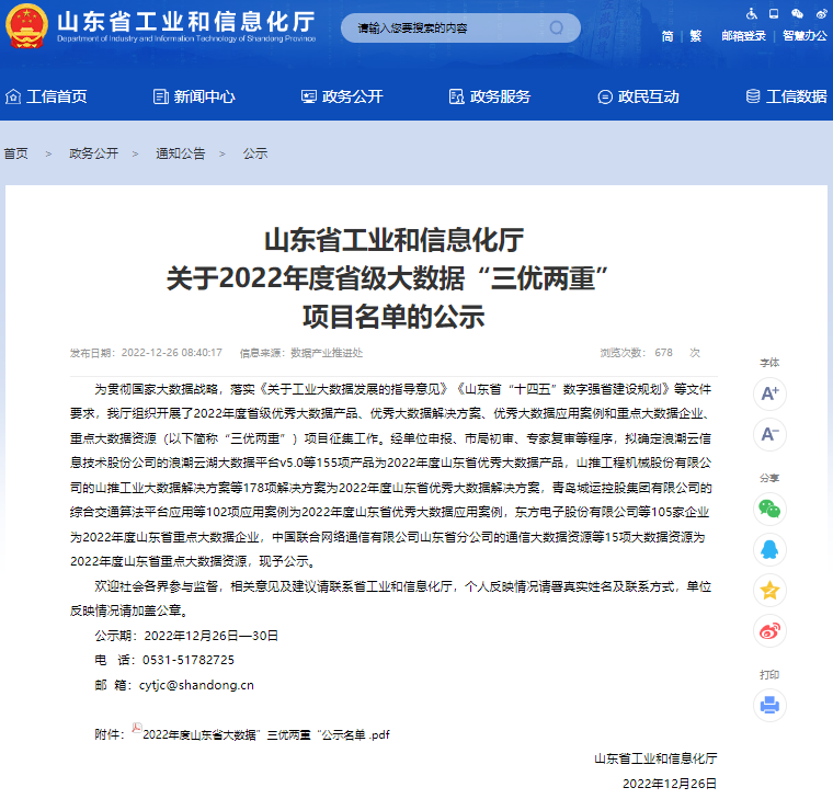 The Big Data Platform Solution Of Shandong Weixin Was Successfully Selected As The Excellent Big Data Solution Of Shandong Province In 2022